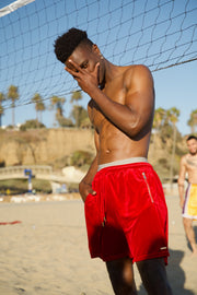 male model designer swimwear Los Angeles red velvet shorts