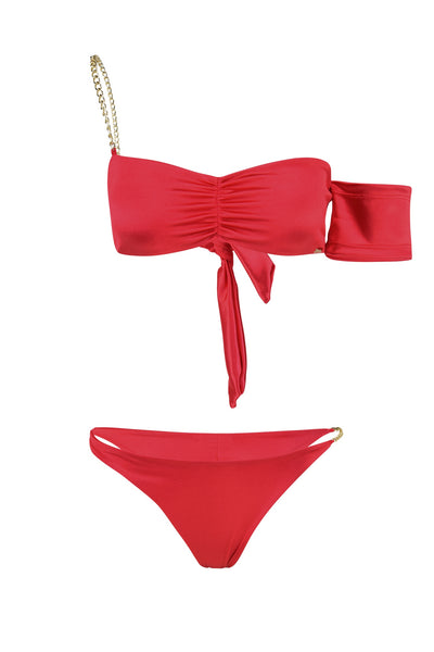 Red satin bikini with gold chain details