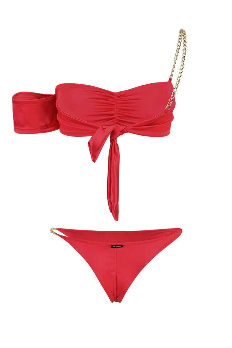Red satin bikini designer swimwear
